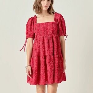 English Factory Crinkled Gingham Flounce Dress Size 1X Red Puff Sleeve Tiered